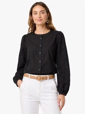 J. Crew Factory Eyelet-Sleeve Button-Front Top NWT in Black Medium